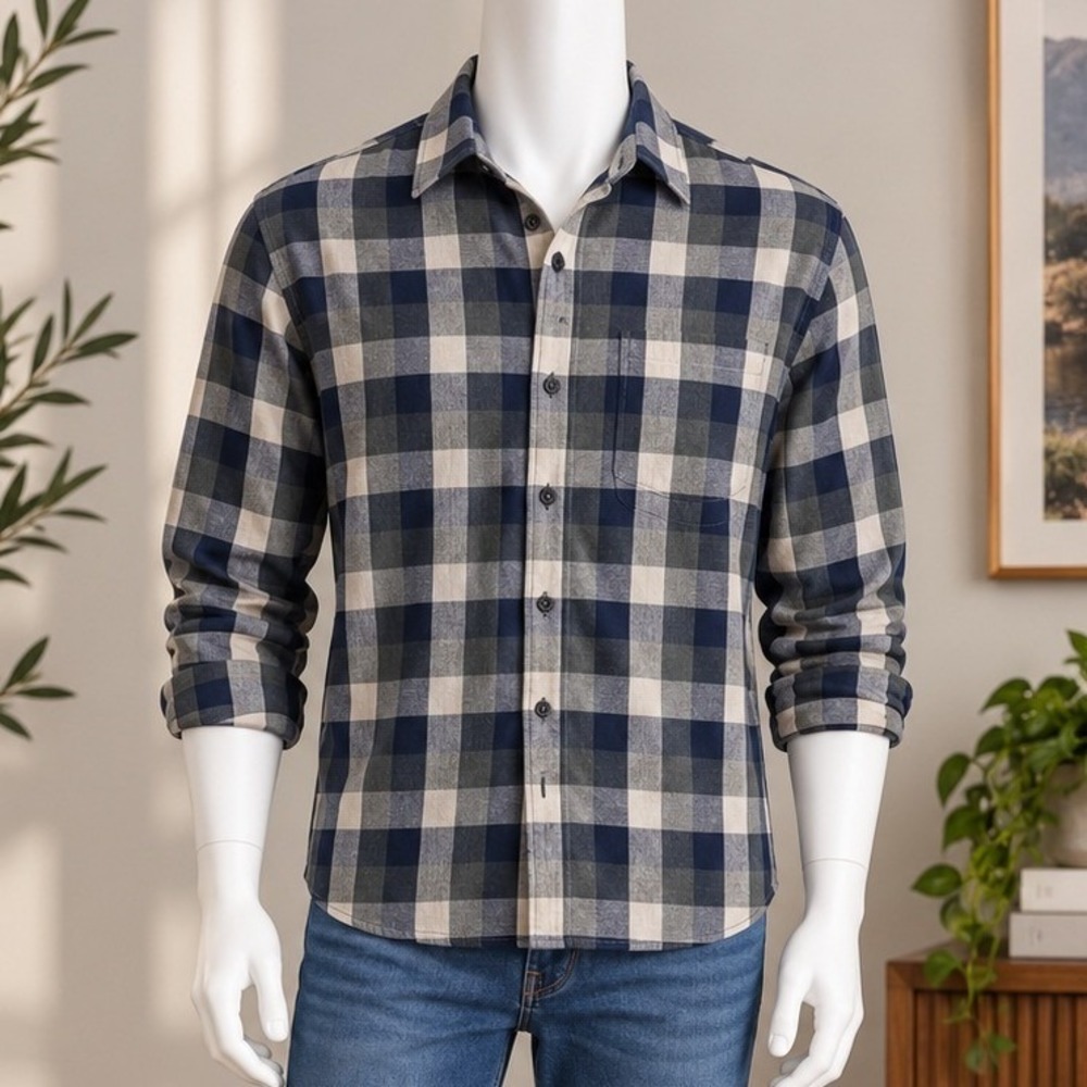 Banana Republic Mens Button Down Untucked Fit Blue Gray Plaid Flannel Shirt M